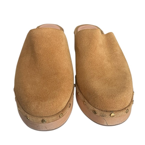J.Crew Tan Suede Leather Clog Mules Size 6.5 | Wood Studded Slip-Ons - Picture 2 of 9